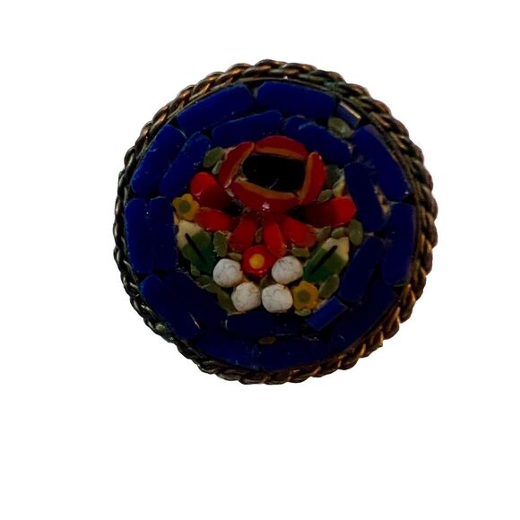 Vintage Italian Micro Mosaic Brooch Pin Floral Motif Blue Red .75” Antique - Picture 1 of 4